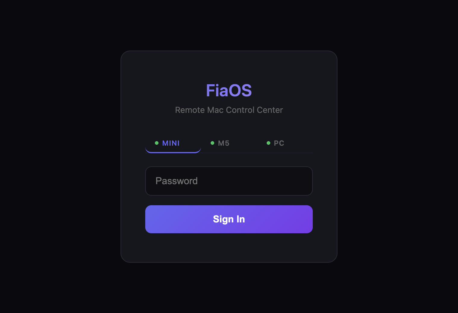FiaOS login page with Mini, M5 and PC machine tabs, each with a live status dot