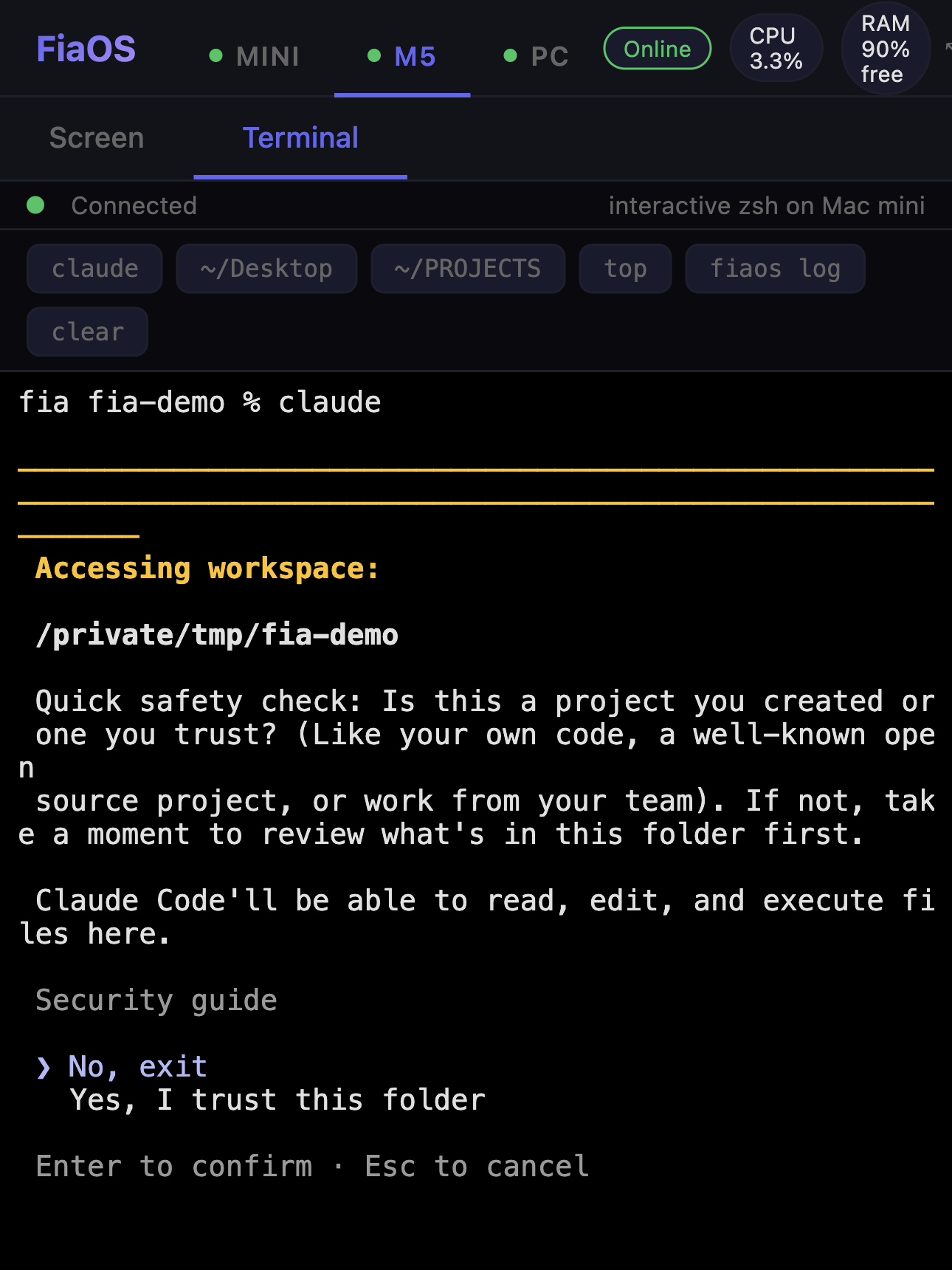 FiaOS running on an iPhone, Terminal tab in a phone-sized layout