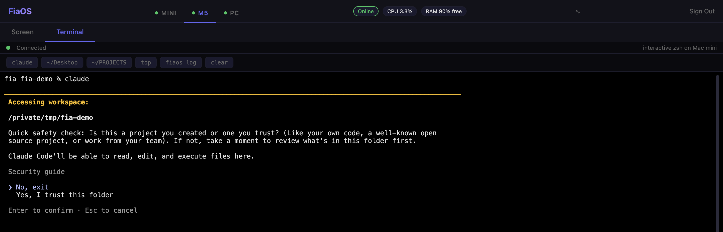 FiaOS Terminal tab with Claude Code running in a real PTY shell in the browser