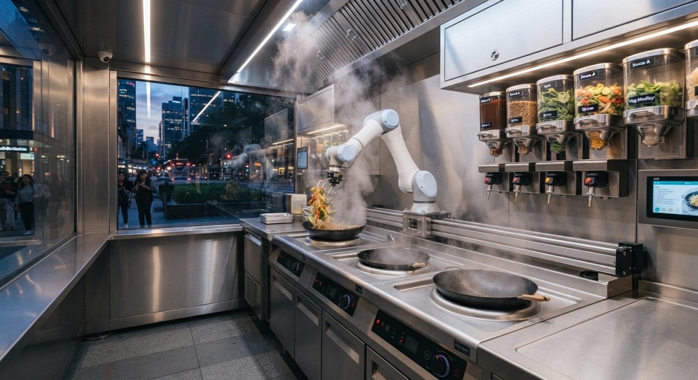 Ingredient dispensers above the cooking line inside the pod