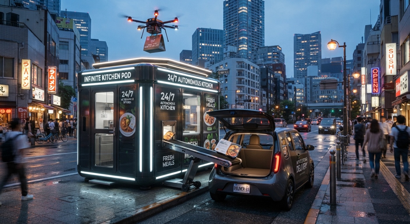 A delivery drone and a delivery vehicle collecting meals from the pod