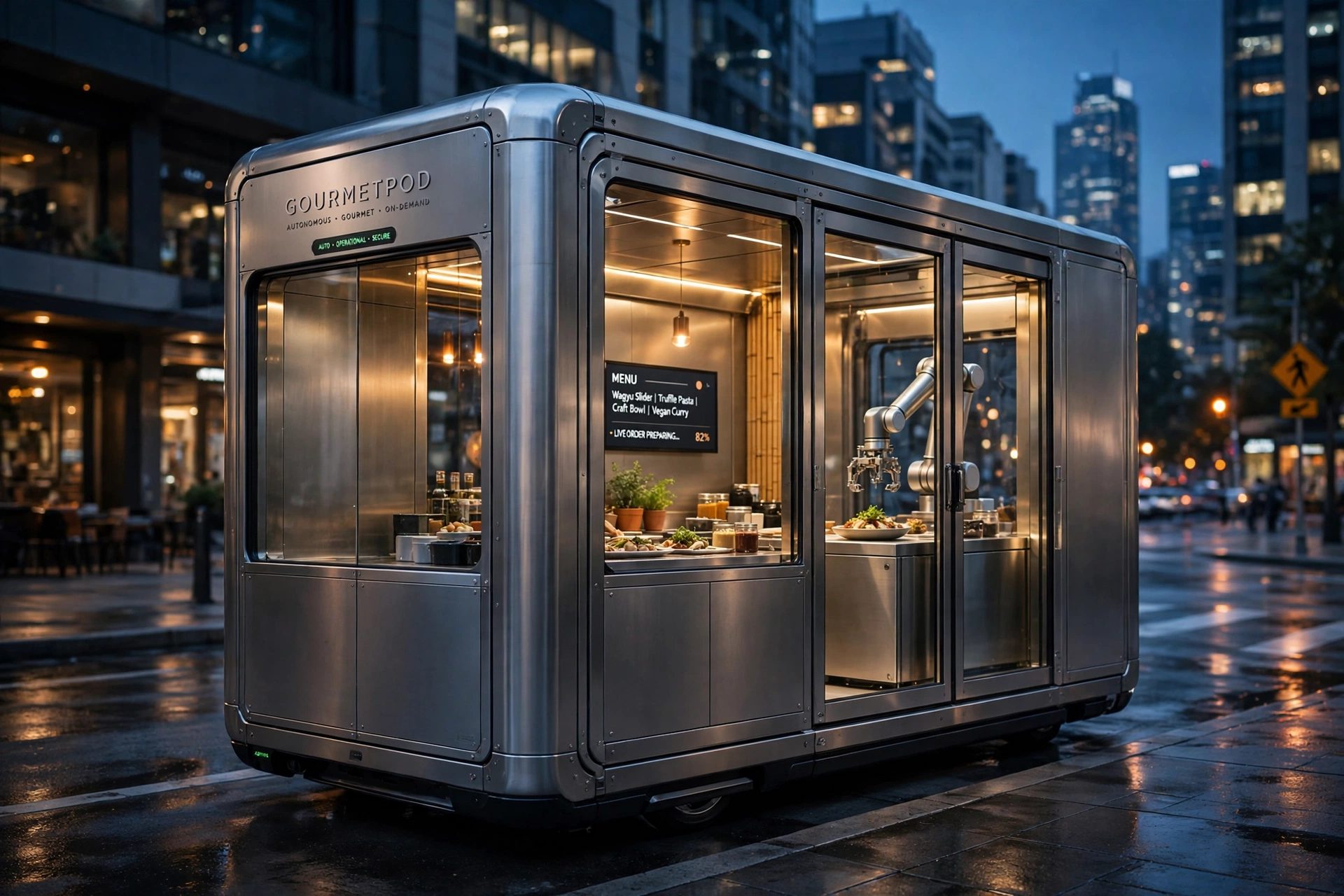 The Infinite Kitchen Pod on a wet city street at dusk, lit from inside