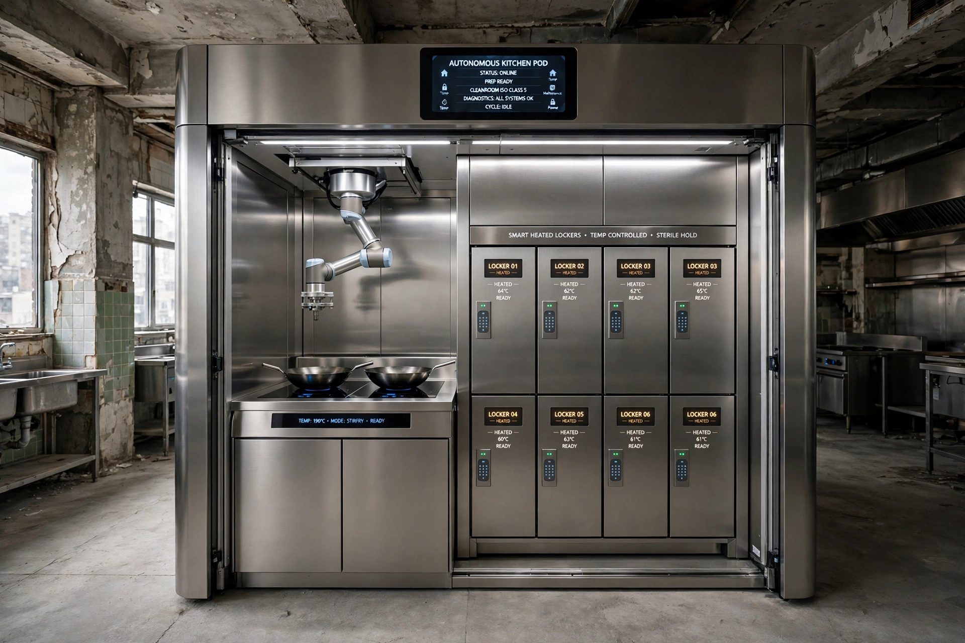 The pod installed inside a gutted commercial kitchen, with its robot arm, woks and heated lockers