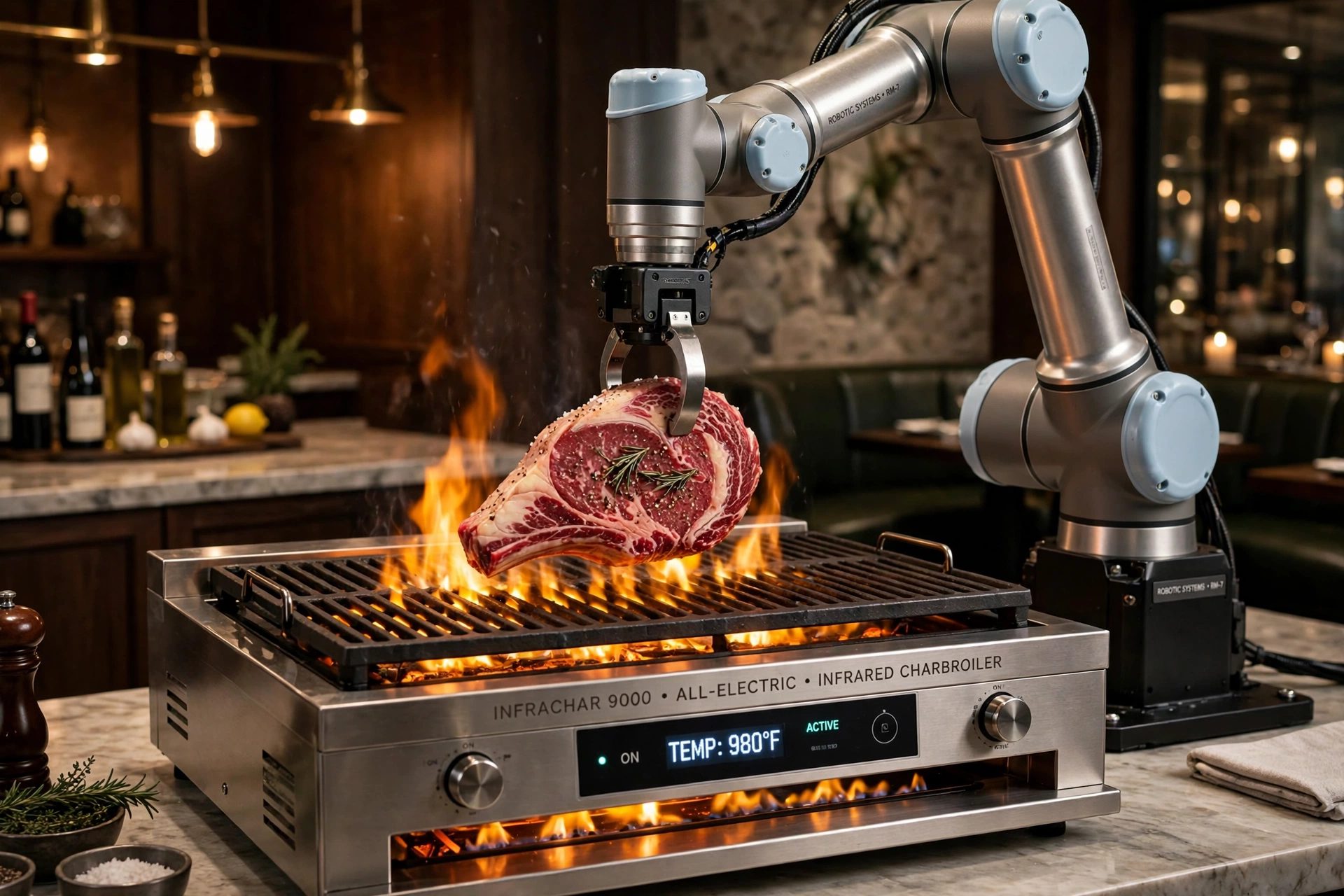 A robot arm placing a ribeye on an electric infrared charbroiler
