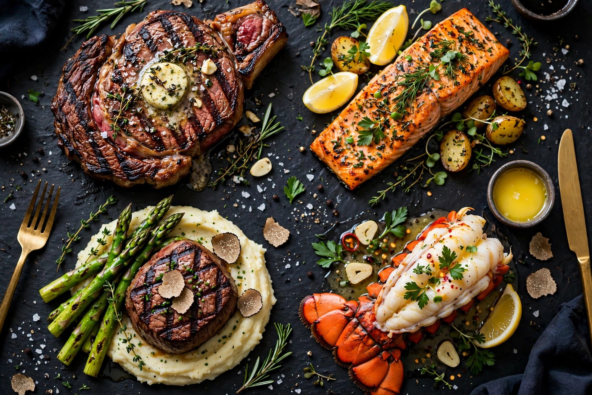 Grilled ribeye, filet mignon on truffle mashed potatoes, salmon and lobster tail
