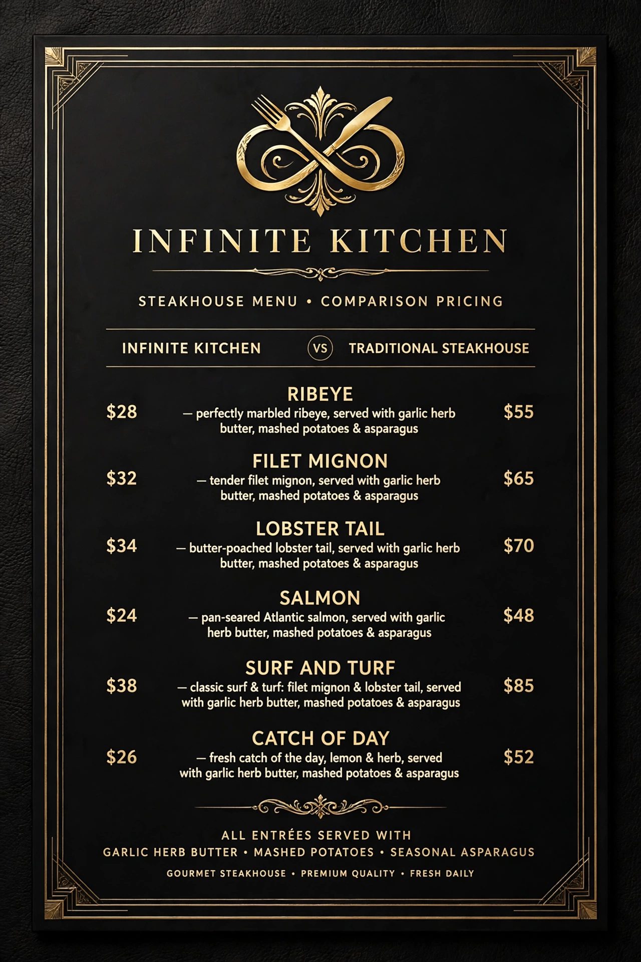 Infinite Kitchen steakhouse menu comparing its prices with a traditional steakhouse