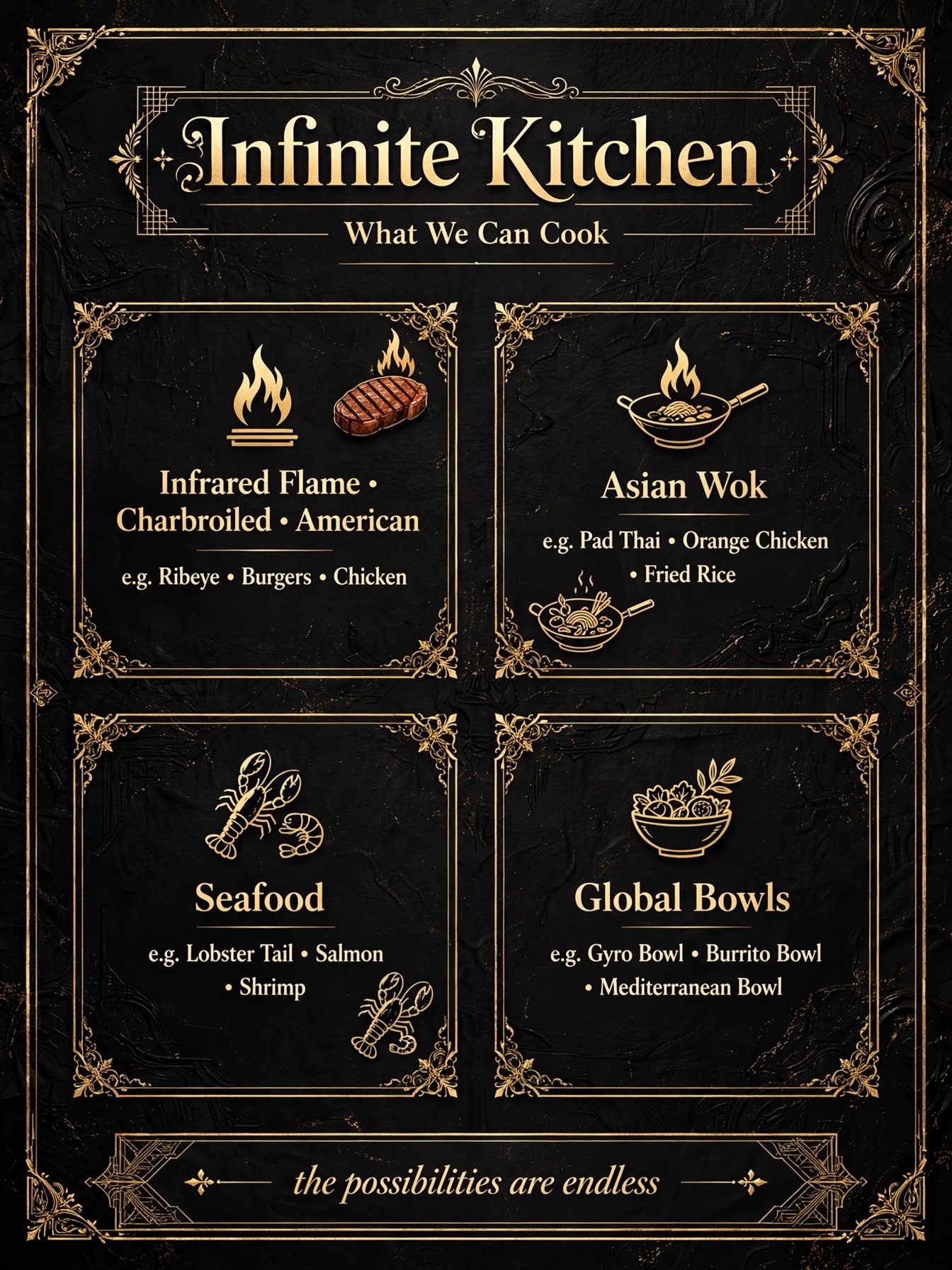 What We Can Cook: flame charbroiled American, Asian wok, seafood and global bowls