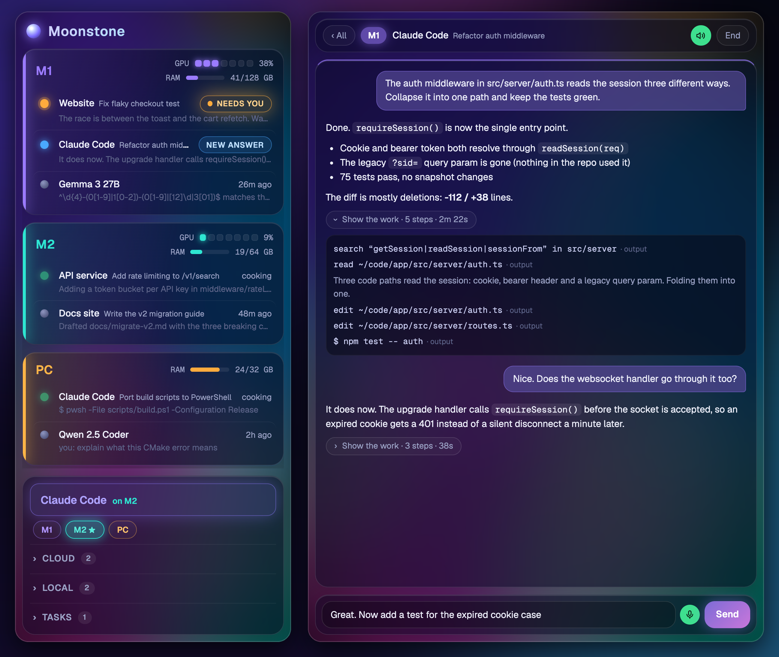 Moonstone session list across three machines next to an open conversation