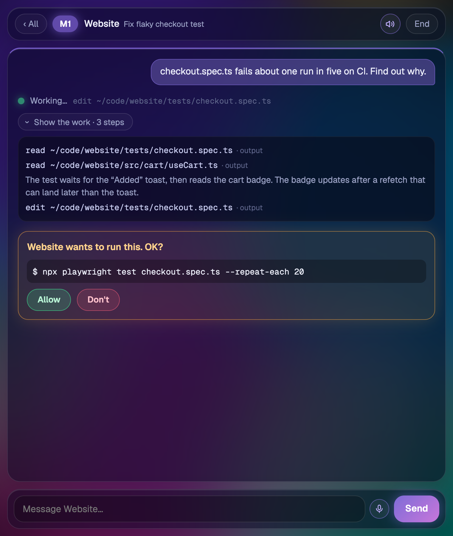A session waiting for permission to run a command