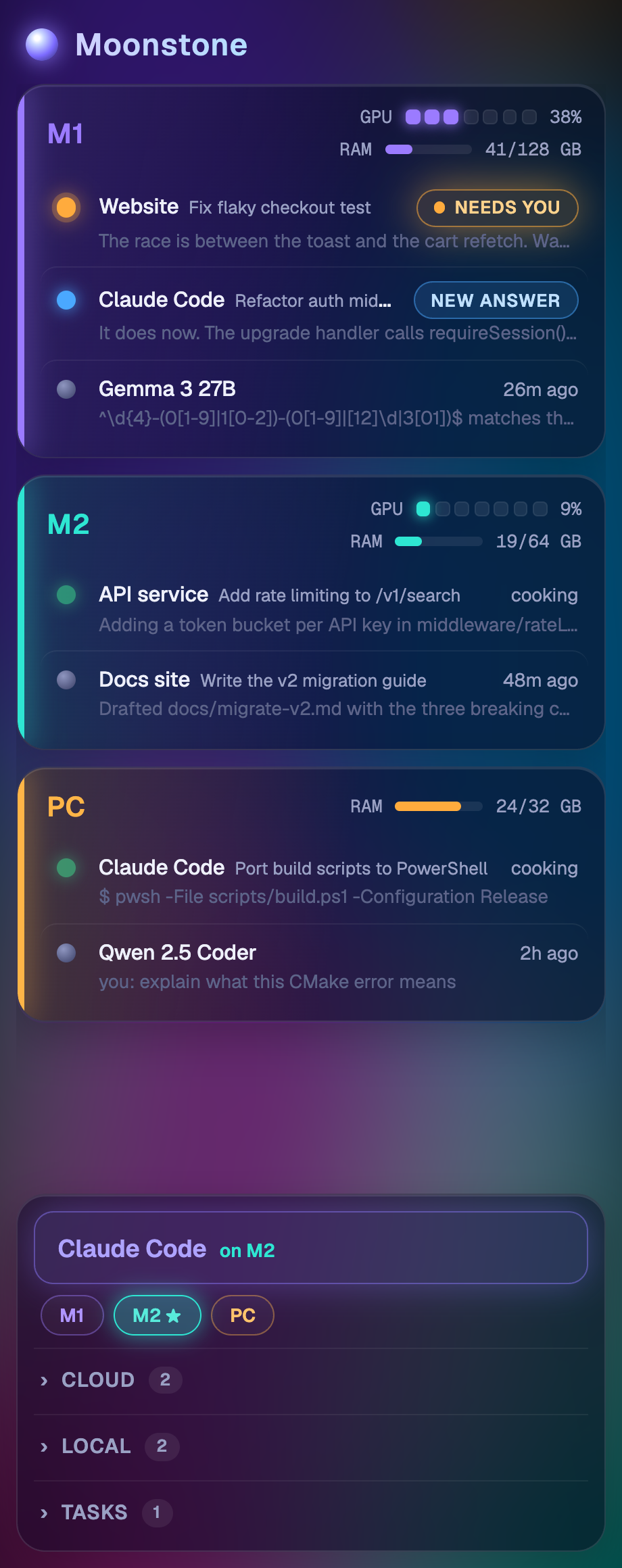 Session list with three machines